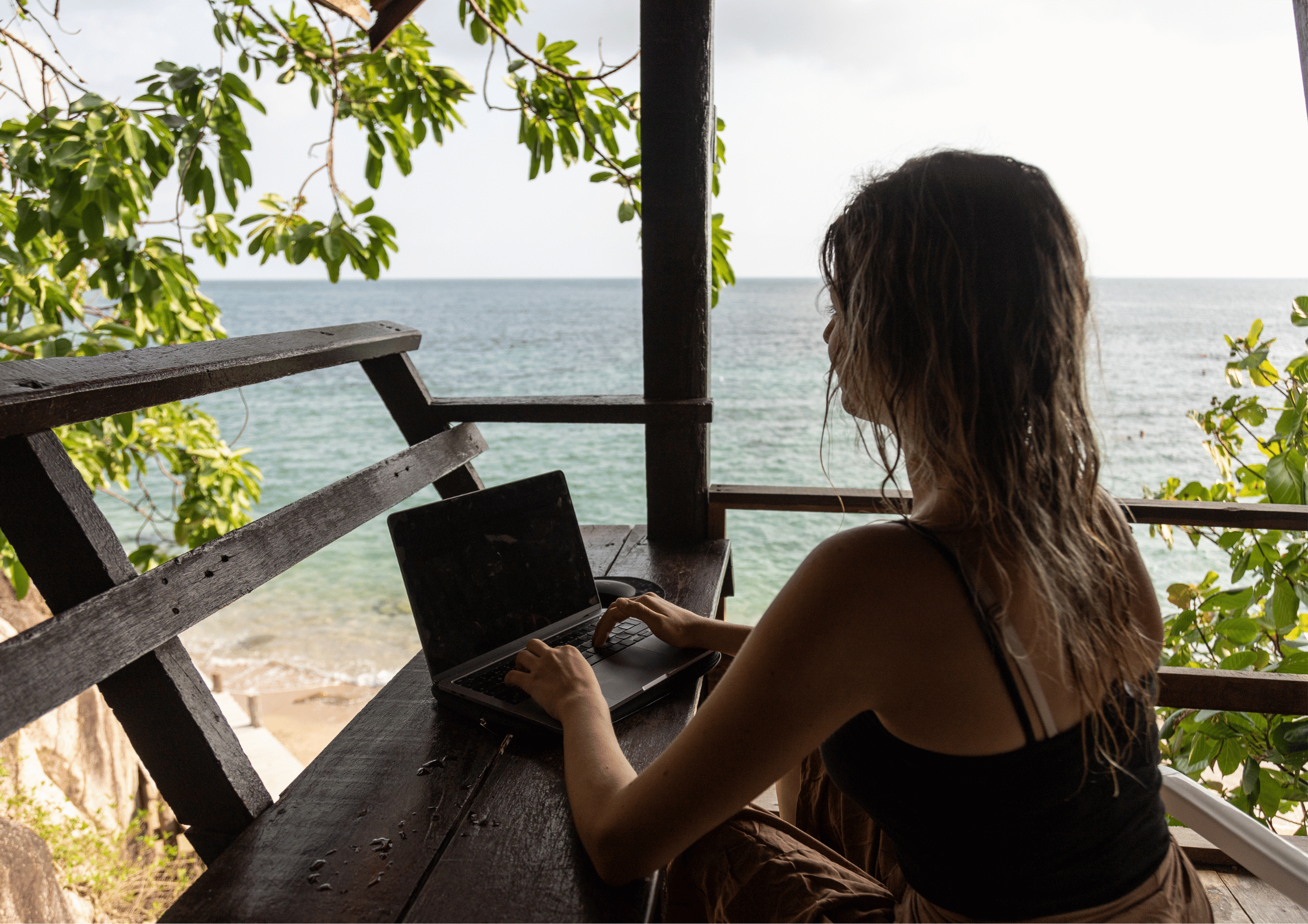 Digital nomad working remotely on laptop from cafe